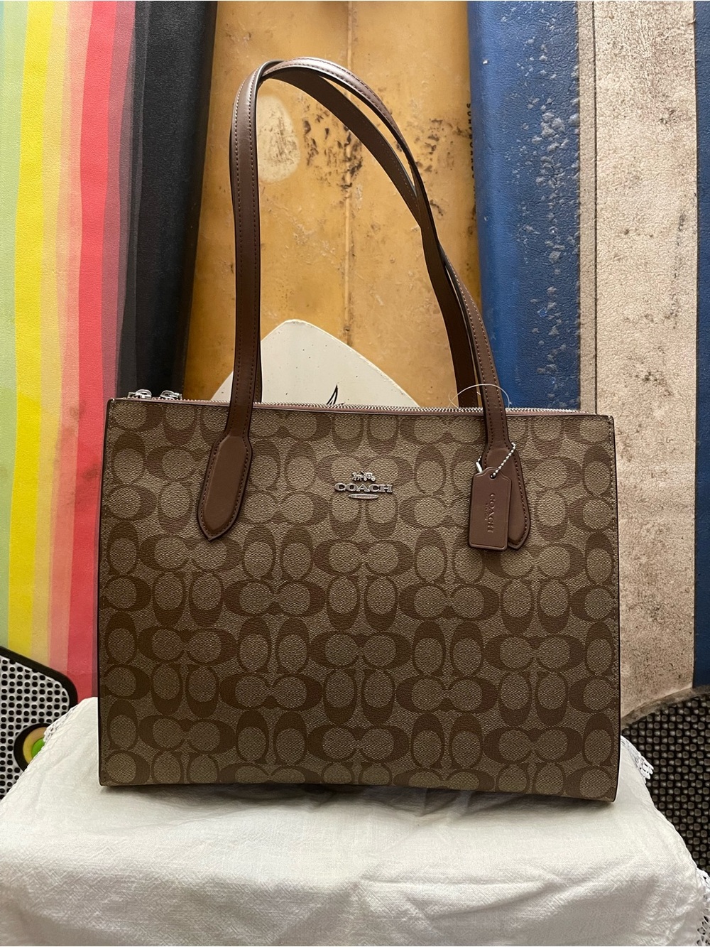 Coach Brown Signature Nina Carryall Coated Canvas Tote with Leather Trim